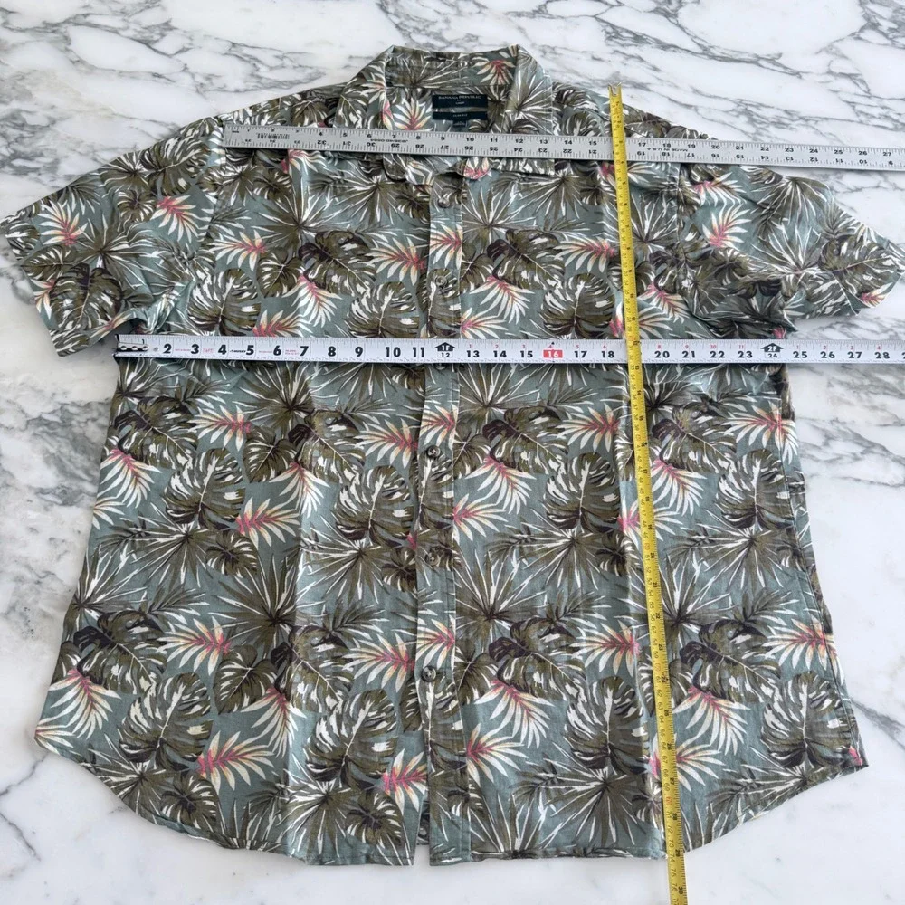 Banana Republic Mens XL Slim Fit Linen Tropical Palm Leaf Print Shirt Green